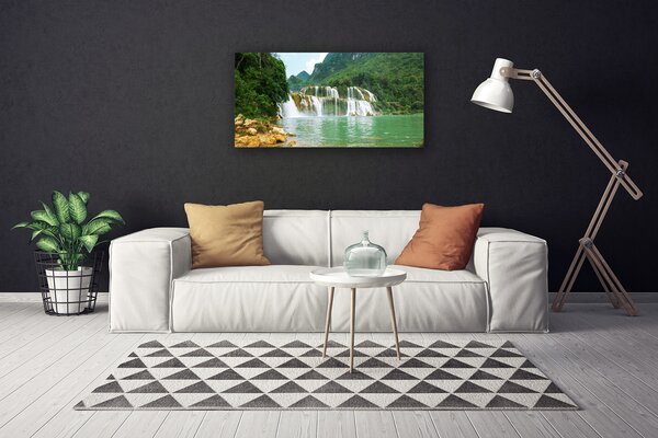Tablou pe panza canvas Pădure Cascada Peisaj Brun Verde Alb Albastru