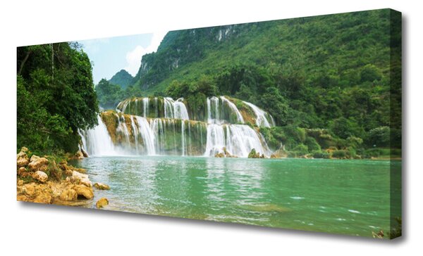 Tablou pe panza canvas Pădure Cascada Peisaj Brun Verde Alb Albastru