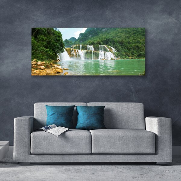 Tablou pe panza canvas Pădure Cascada Peisaj Brun Verde Alb Albastru