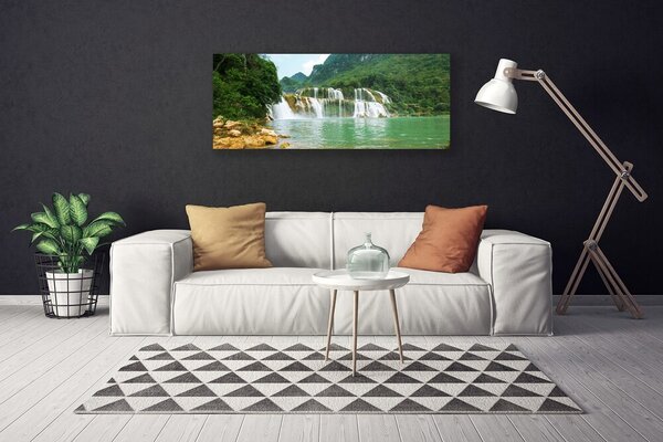 Tablou pe panza canvas Pădure Cascada Peisaj Brun Verde Alb Albastru