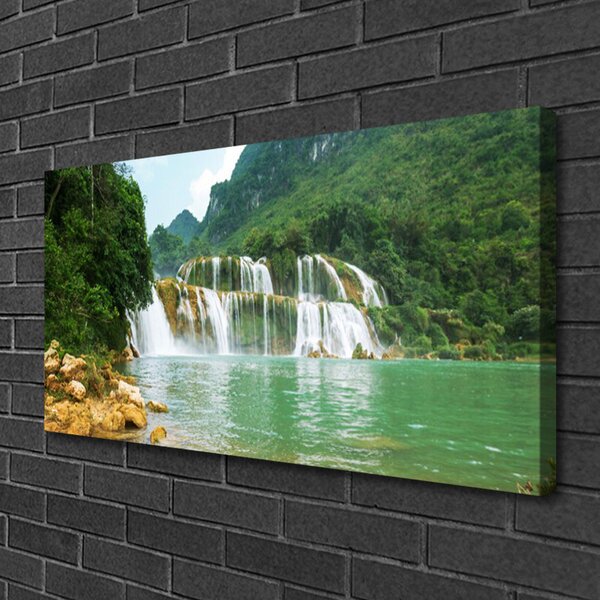 Tablou pe panza canvas Pădure Cascada Peisaj Brun Verde Alb Albastru