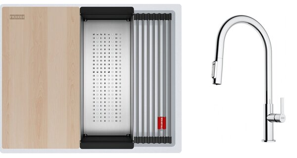 Set chiuvetă din granit Franke Kanon 125.0749.655, baterie bucătărie Franke Maris Slim Clear Water J Pull-Out 120.0730.870