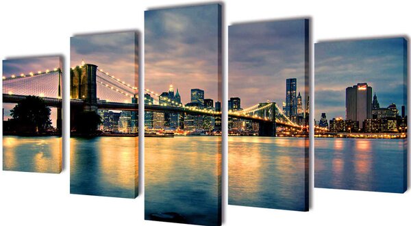 Set tablouri perete din pânză, podul Brooklyn, vedere râu, 200x100 cm