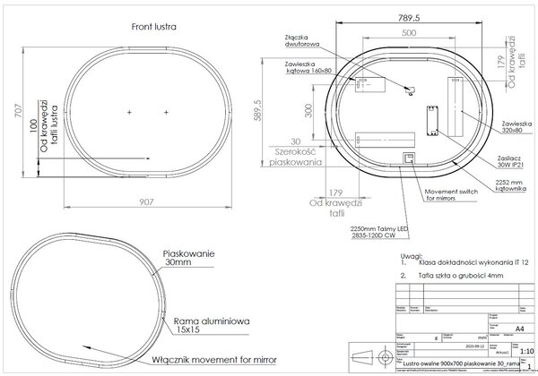 Comad Apollo 2 oglindă 70x90 cm oval cu iluminare auriu LUSTRO APOLLO 2 900X700