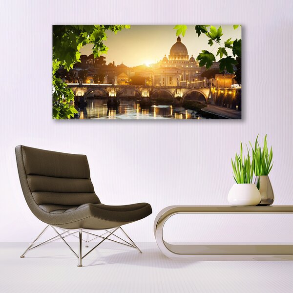 Tablou pe panza canvas Bridge City Frunze Arhitectura Verde Galben Maro