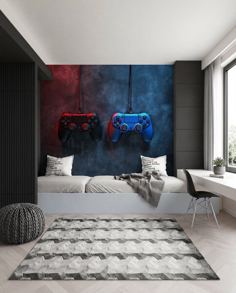 Tapet dualShock negru și albastru pe un fundal închis, Fototapet pentru camera unui adolescent, w01189 : Uwalls.ro