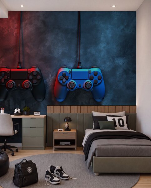 Tapet dualShock negru și albastru pe un fundal închis, Fototapet pentru camera unui adolescent, w01189 : Uwalls.ro