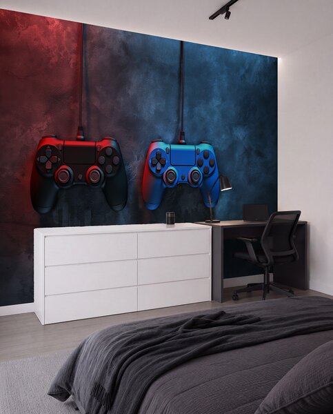 Tapet dualShock negru și albastru pe un fundal închis, Fototapet pentru camera unui adolescent, w01189 : Uwalls.ro
