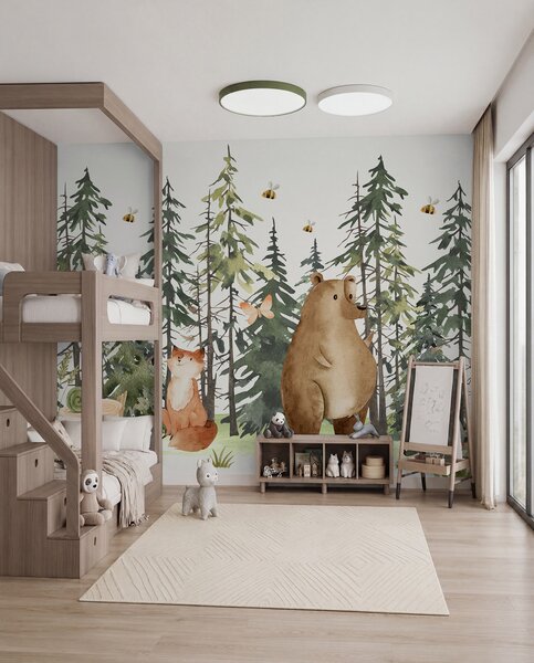 Tapet O scenă de pădure cu animale și diverși pini în fundal, Fototapet Pentru Copii, Fototapet Pădurea copiilor, w00905 : Uwalls.ro