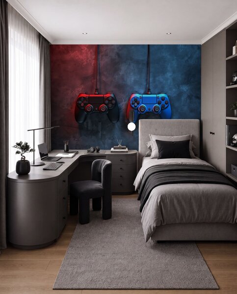 Tapet dualShock negru și albastru pe un fundal închis, Fototapet pentru camera unui adolescent, w01189 : Uwalls.ro