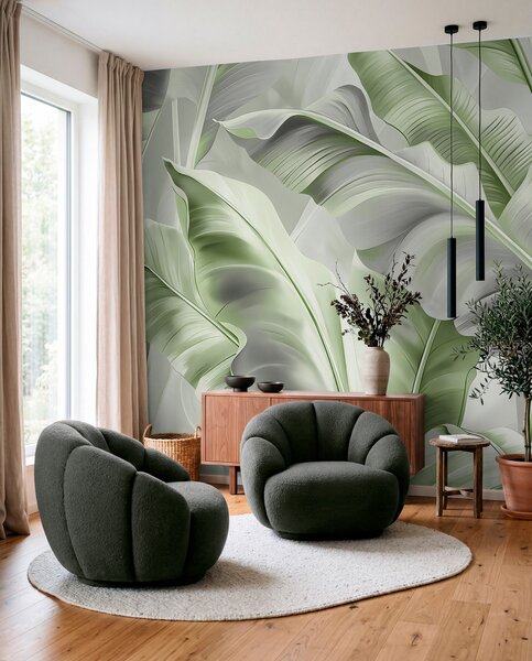 Tapet luxoase frunze mari de bananier în tonuri gri-verde, Fototapet Natură, Fototapet Foi de palmier, w07876v3 : Uwalls.ro