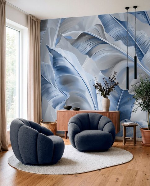 Tapet frunze mari de banane de lux în culorile gri-albastru, Fototapet 3D, Fotomurale 3D Forme geometrice, w07876v1 : Uwalls.ro