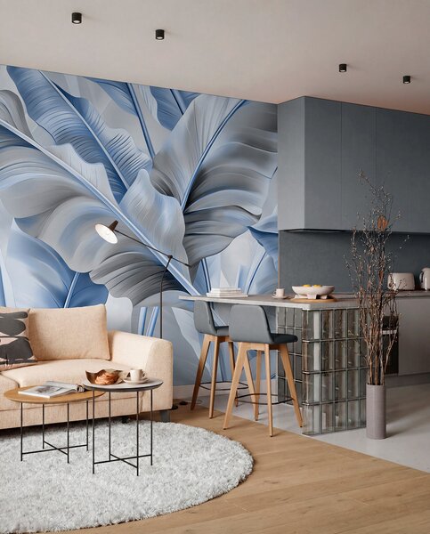 Tapet frunze mari de banane de lux în culorile gri-albastru, Fototapet 3D, Fotomurale 3D Forme geometrice, w07876v1 : Uwalls.ro