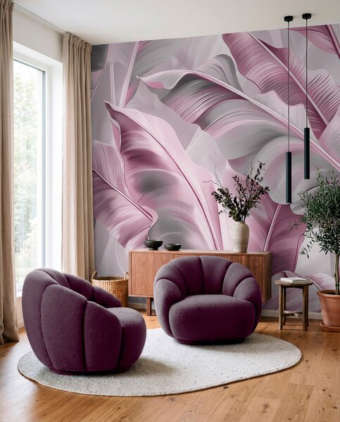 Tapet frunze mari de banane de lux în tonuri de gri rozaliu, Fototapet Natură, Fototapet Foi de palmier, w07876v2 : Uwalls.ro