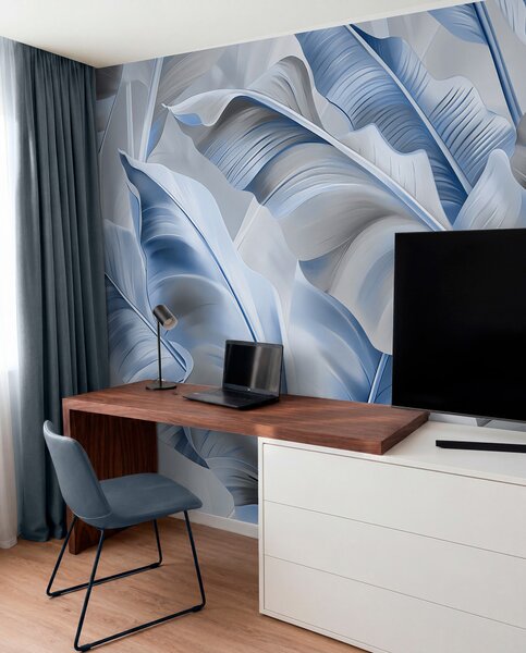 Tapet frunze mari de banane de lux în culorile gri-albastru, Fototapet 3D, Fotomurale 3D Forme geometrice, w07876v1 : Uwalls.ro