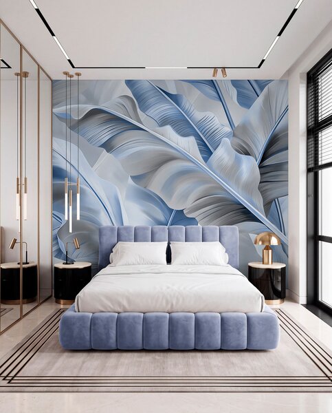 Tapet frunze mari de banane de lux în culorile gri-albastru, Fototapet 3D, Fotomurale 3D Forme geometrice, w07876v1 : Uwalls.ro