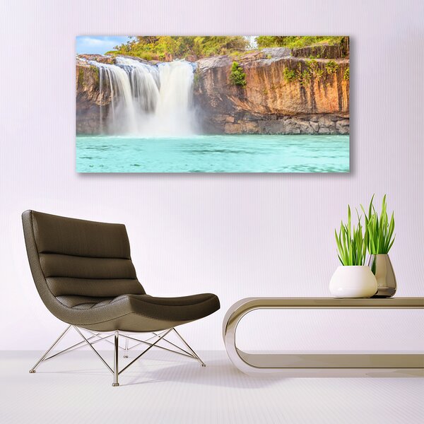 Tablou pe panza canvas Cascada Lacul Peisaj Albastru Alb Brun Verde