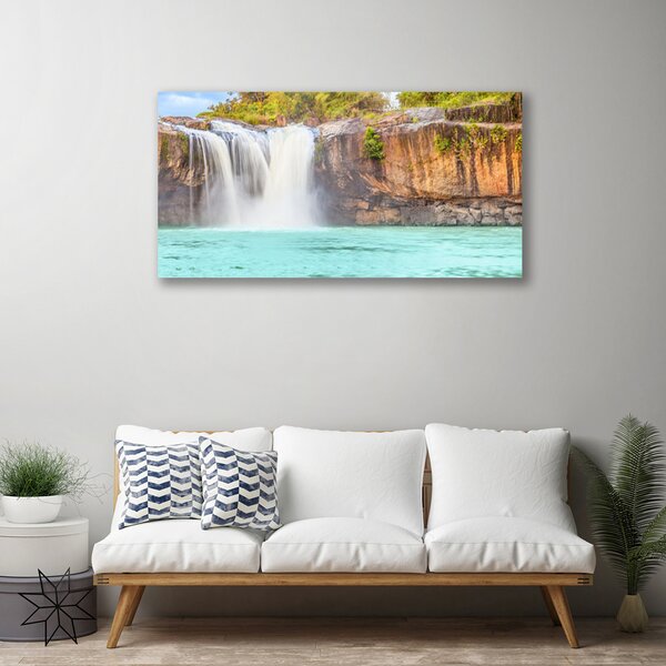 Tablou pe panza canvas Cascada Lacul Peisaj Albastru Alb Brun Verde