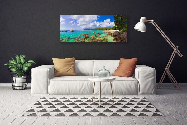 Tablou pe panza canvas Marea Pietre Copaci Peisaj Albastru Gri Verde Maro