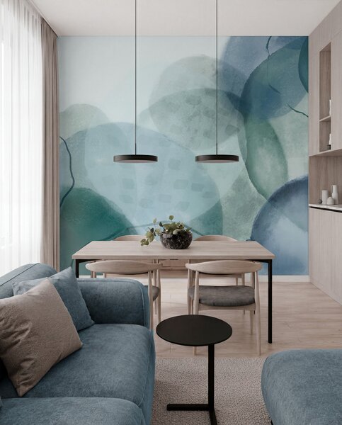 Tapet Forme abstracte moi, în acuarelă, în nuanțe de albastru, verde și alb, Fototapet Acuarelă, w07926 : Uwalls.ro
