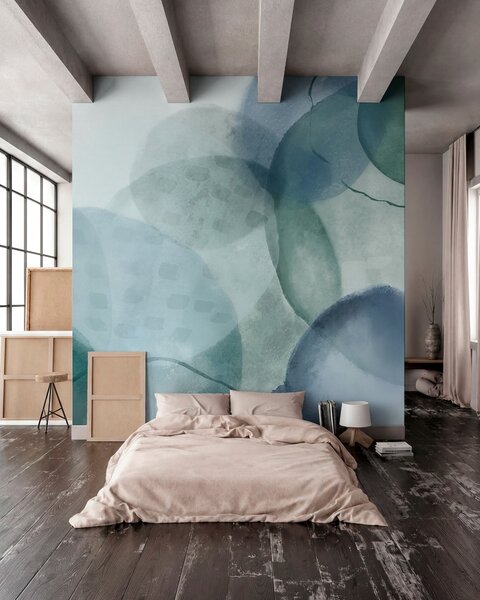 Tapet Forme abstracte moi, în acuarelă, în nuanțe de albastru, verde și alb, Fototapet Acuarelă, w07926 : Uwalls.ro