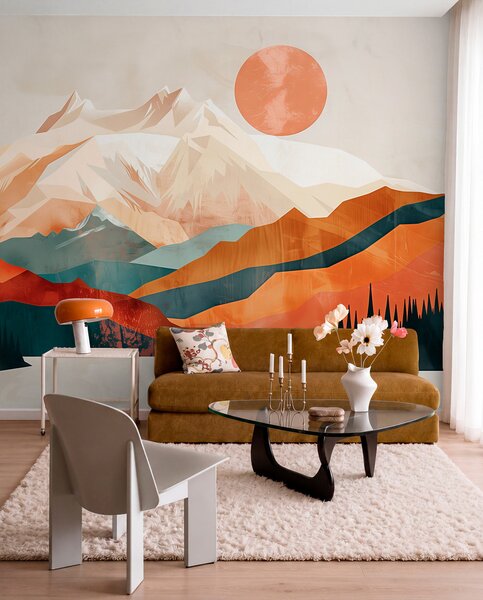 Tapet Boho Bliss: un peisaj senin de munți, copaci și soare, Fototapet panoramic, w01358 : Uwalls.ro