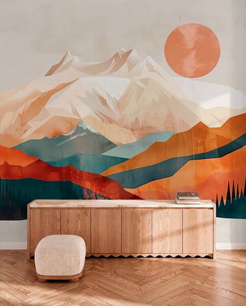 Tapet Boho Bliss: un peisaj senin de munți, copaci și soare, Fototapet panoramic, w01358 : Uwalls.ro