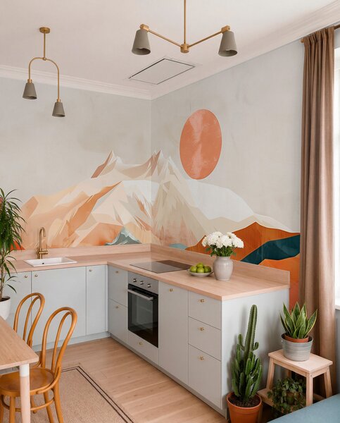 Tapet Boho Bliss: un peisaj senin de munți, copaci și soare, Fototapet panoramic, w01358 : Uwalls.ro