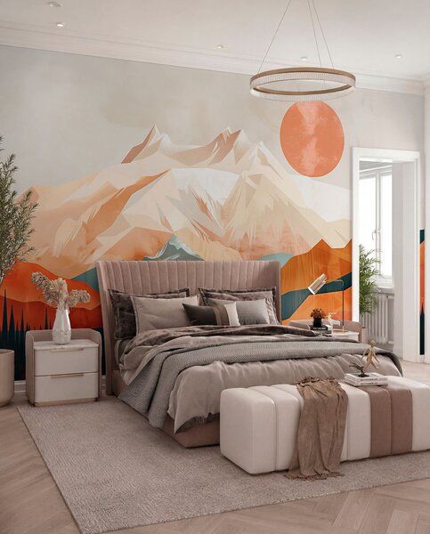 Tapet Boho Bliss: un peisaj senin de munți, copaci și soare, Fototapet panoramic, w01358 : Uwalls.ro