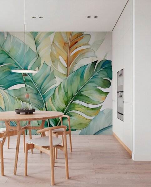 Tapet Tropical banane frunze de palmier umed acuarelă, Fototapet Natură, w01775 : Uwalls.ro