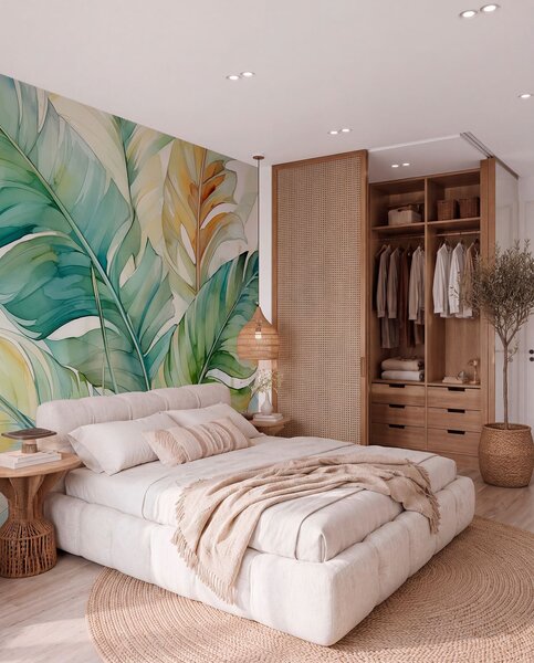 Tapet Tropical banane frunze de palmier umed acuarelă, Fototapet Natură, w01775 : Uwalls.ro