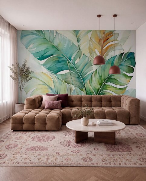 Tapet Tropical banane frunze de palmier umed acuarelă, Fototapet Natură, w01775 : Uwalls.ro