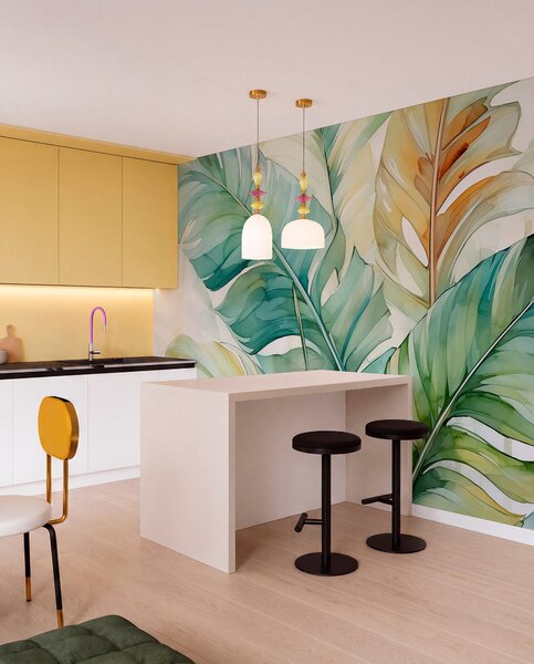 Tapet Tropical banane frunze de palmier umed acuarelă, Fototapet Natură, w01775 : Uwalls.ro