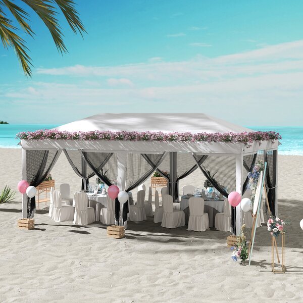 Outsunny Foisor Pliabil cu 6 Perdele Plasa de Tantari, Foisor de Gradina cu Structura din Otel, 585x295x270cm, Alb Crem | AOSOM RO