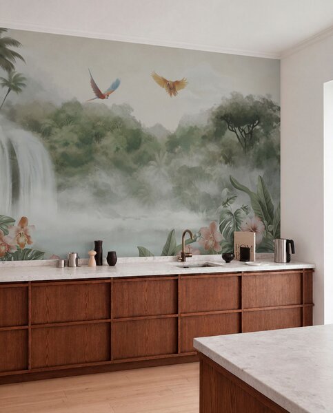 Tapet Peisaj tropical cu cascadă, iaz, flori și păsări, Fototapet Natură, w02127 : Uwalls.ro