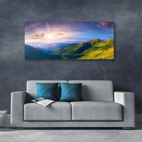 Tablou pe panza canvas Mountain Meadow Soare Peisaj Galben Gri Verde Violet