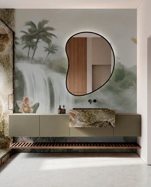 Tapet Peisaj tropical cu cascadă, iaz, flori și păsări, Fototapet Natură, w02127 : Uwalls.ro