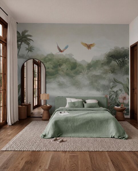 Tapet Peisaj tropical cu cascadă, iaz, flori și păsări, Fototapet Natură, w02127 : Uwalls.ro