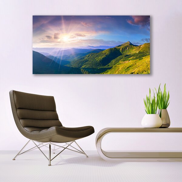 Tablou pe panza canvas Mountain Meadow Soare Peisaj Galben Gri Verde Violet