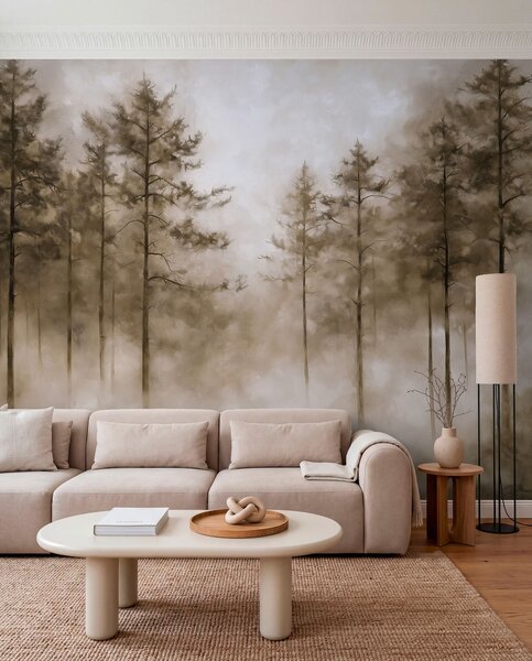 Tapet Pădure mistică, pini, ceață, vopsea acrilică, culori bej, Fototapet Natură, w02149v1 : Uwalls.ro
