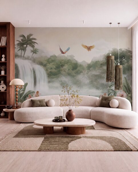Tapet Peisaj tropical cu cascadă, iaz, flori și păsări, Fototapet Natură, w02127 : Uwalls.ro