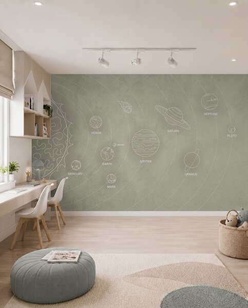 Tapet Sistem solar într-un stil minimalist pe un fundal texturat bej rece, Fototapet Spaţiu, w02344 : Uwalls.ro