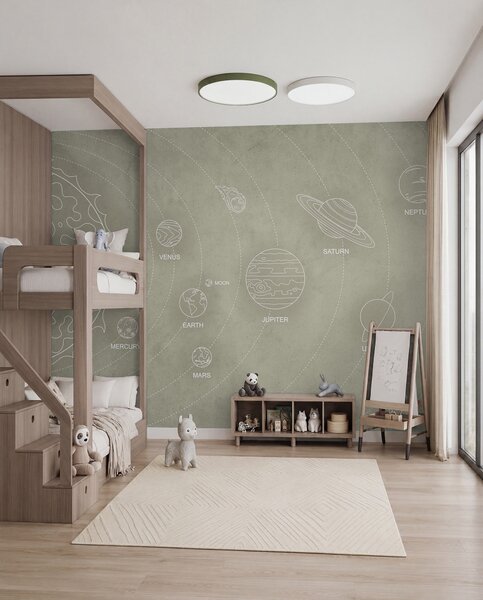Tapet Sistem solar într-un stil minimalist pe un fundal texturat bej rece, Fototapet Spaţiu, w02344 : Uwalls.ro