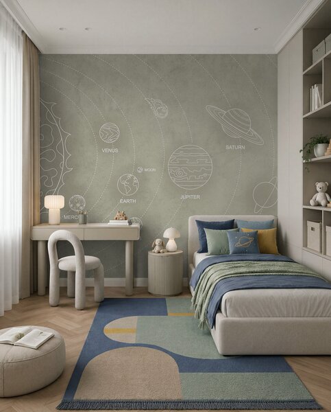 Tapet Sistem solar într-un stil minimalist pe un fundal texturat bej rece, Fototapet Spaţiu, w02344 : Uwalls.ro