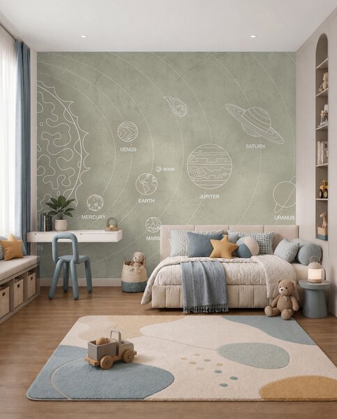 Tapet Sistem solar într-un stil minimalist pe un fundal texturat bej rece, Fototapet Spaţiu, w02344 : Uwalls.ro