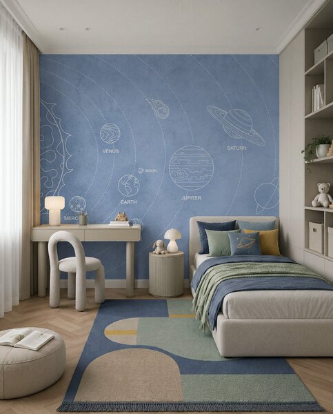 Tapet Sistem solar în stil minimalist pe un fundal albastru texturat, Fototapet Spaţiu, w02344v1 : Uwalls.ro