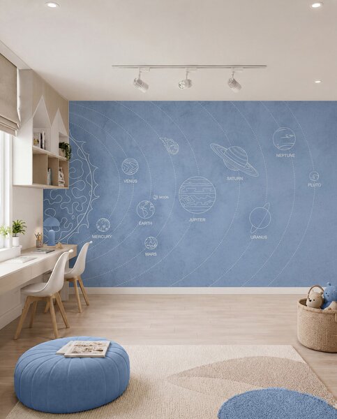 Tapet Sistem solar în stil minimalist pe un fundal albastru texturat, Fototapet Spaţiu, w02344v1 : Uwalls.ro
