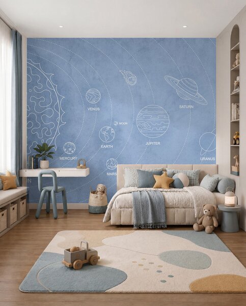 Tapet Sistem solar în stil minimalist pe un fundal albastru texturat, Fototapet Spaţiu, w02344v1 : Uwalls.ro