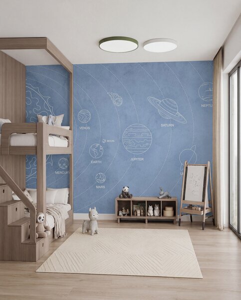 Tapet Sistem solar în stil minimalist pe un fundal albastru texturat, Fototapet Spaţiu, w02344v1 : Uwalls.ro