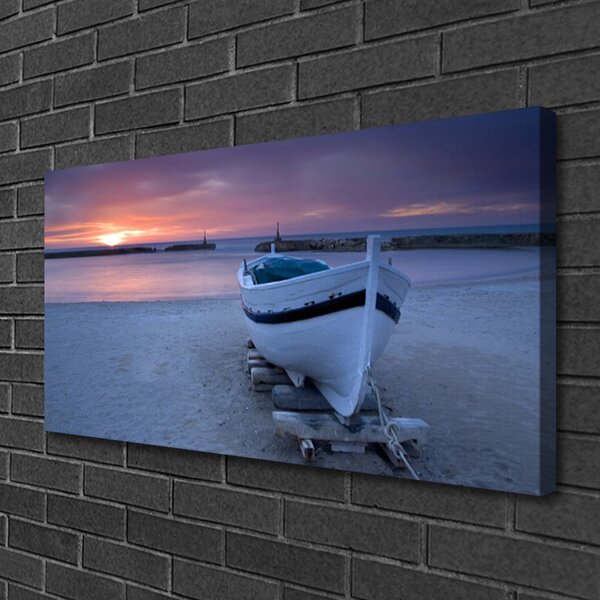 Tablou pe panza canvas Barca Sea Sun Beach Peisaj Alb Negru Galben Gri